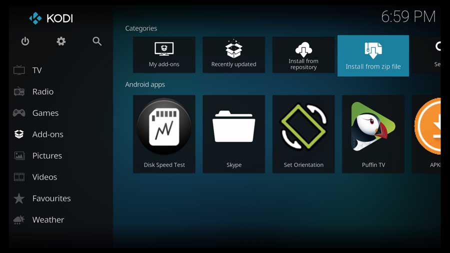 Select Install from zip file to add the SportsDevil Addon repository