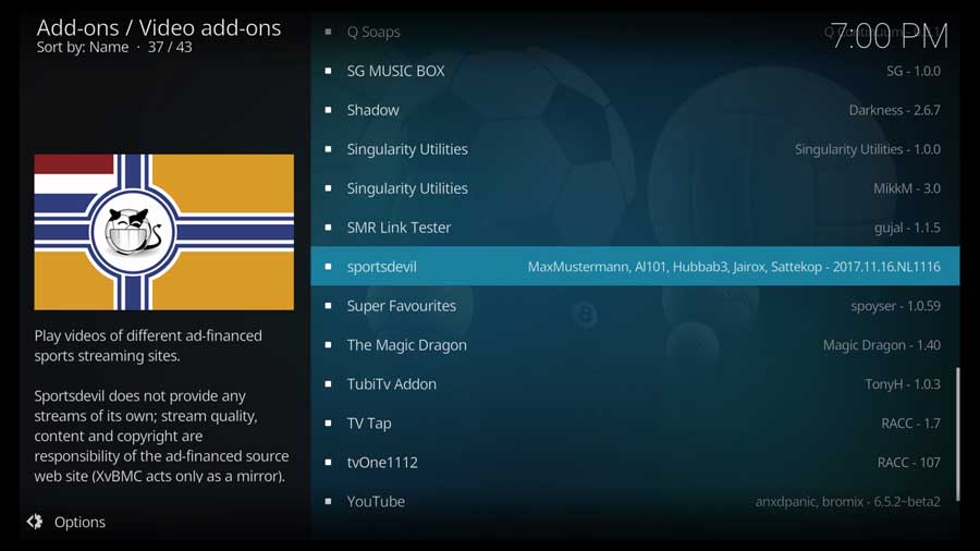 Select the SportsDevil Addon Addon