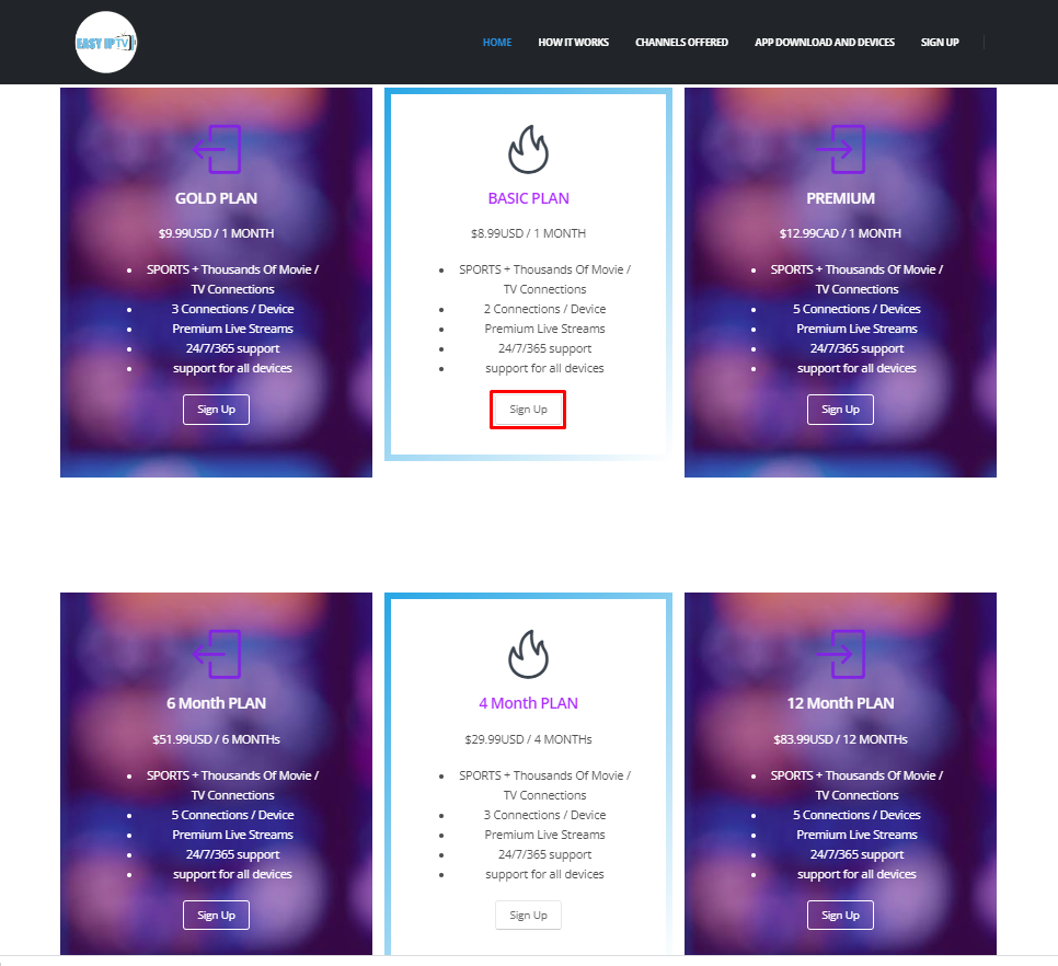 Subscription plan of Easy IPTV