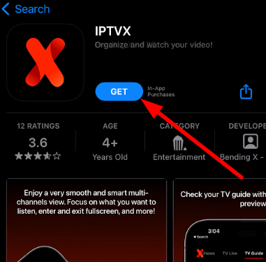 Tap on the Get button to install IPTVX on iOS