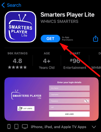 Tap on Get to stream Strong IPTV on iOS