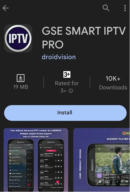 Tap Install and get GSE Smart IPTV on Android