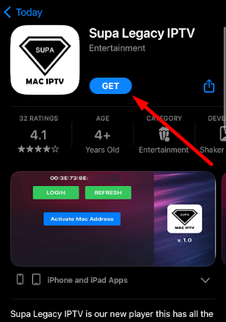 Tap get and install Supa Legacy IPTV on iOS