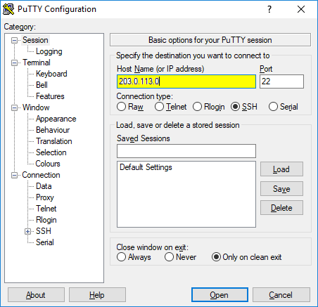 Tap Open button on Putty