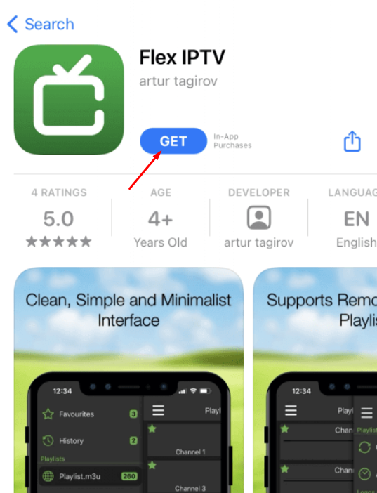 Click the GET button of Flex IPTV Player