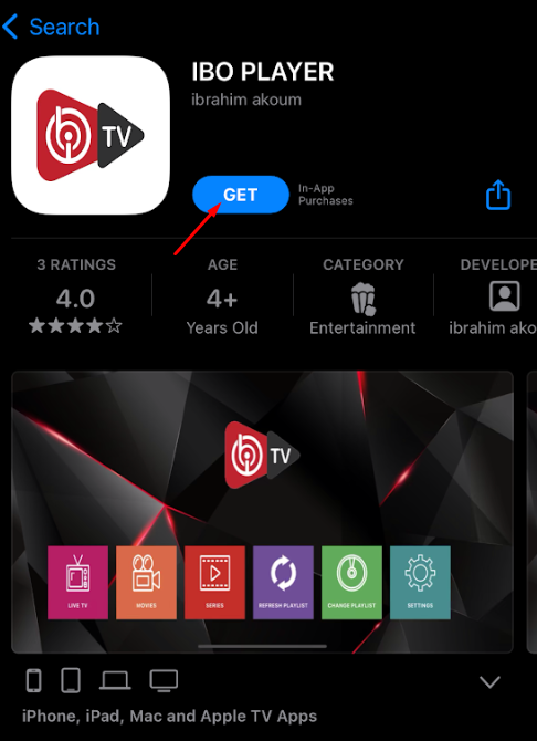 Tap get and install IBO Player on iOS