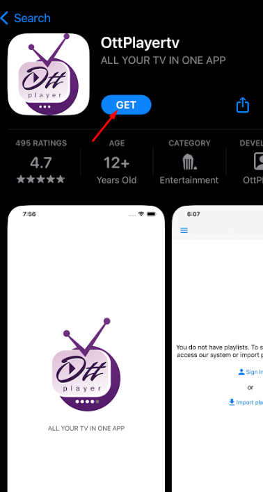 Tap Get to install OttPlayer on iOS
