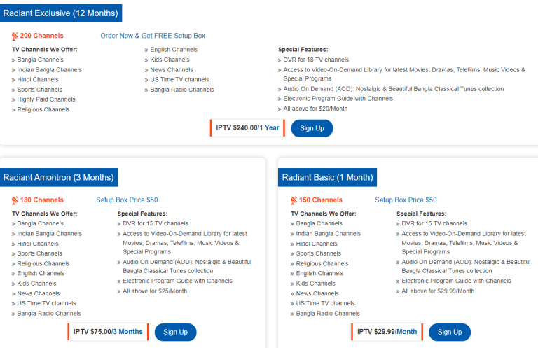 Subscription plans of Radiant  IPTV