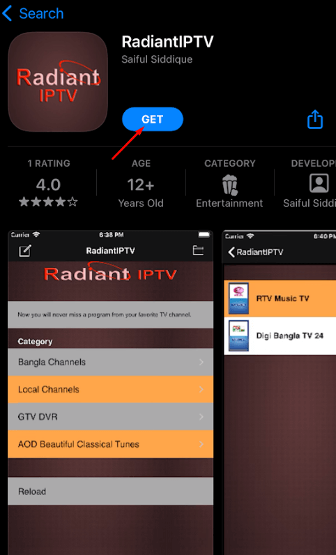 Tap the GET button to install RadiantIPTV