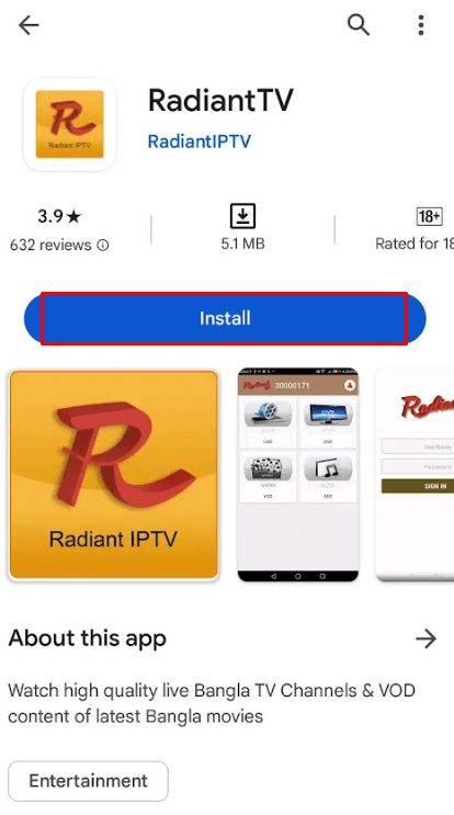 Click Install to get the Radiant TV app