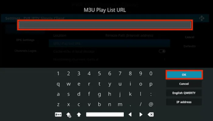 Enter the Tunisia IPTV M3U URL on Kodi add-on