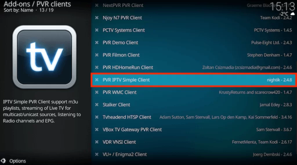 Select PVR IPTV Simple client add-on on Kodi