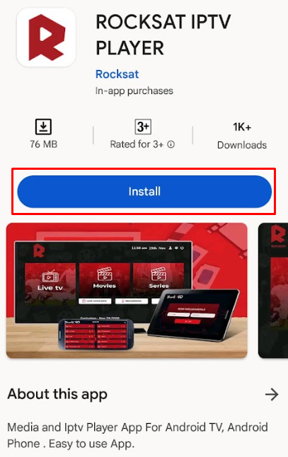 Tap Install to get Rocksat IPTV player on Android