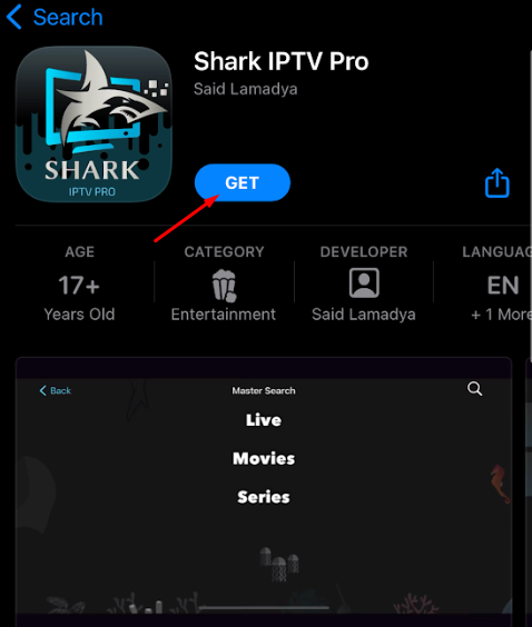 Tap the GET button to install Shark IPTV Pro