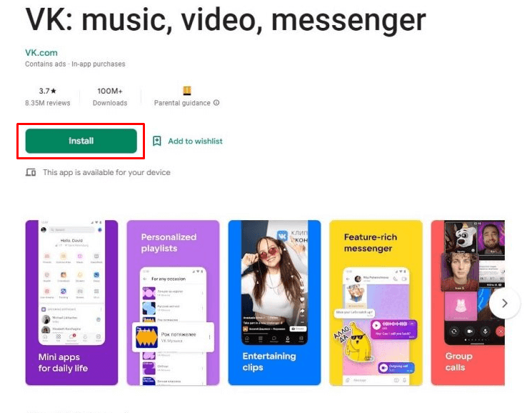 Click the Install button to get the VK app