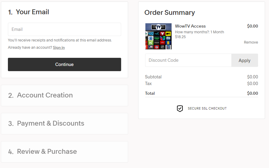 Checkout page of WowTV IPTV 