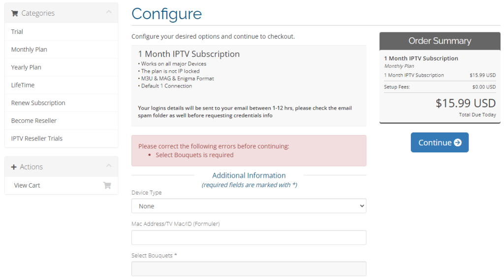 Checkout page of Xtreme HD IPTV 
