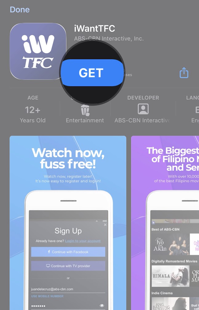 Tap the GET button to install iWantTFC IPTV