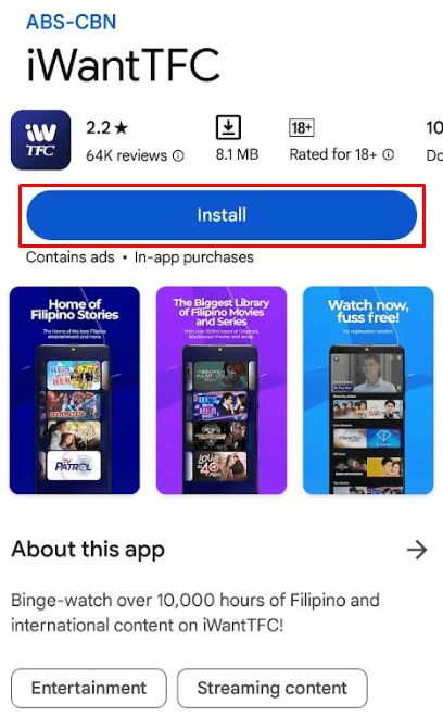 Click Install to get the iWantTFC app to watch TFC IPTV