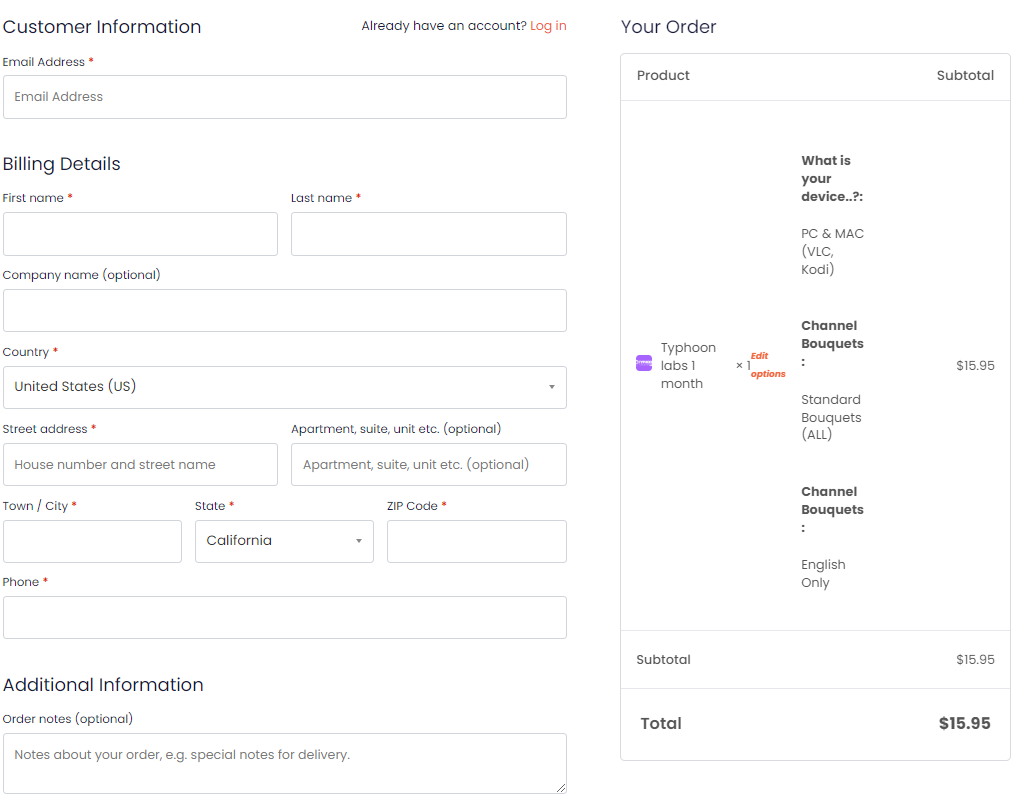 Checkout page of Typhoon Labs IPTV