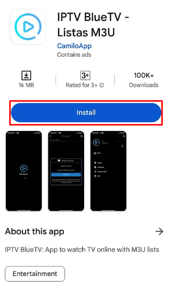Tap Install to get IPTV Blue TV on Android