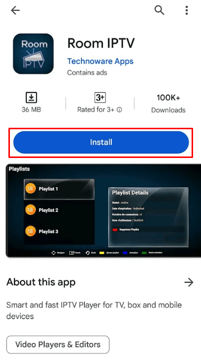 Tap Install to get Room IPTV on Android