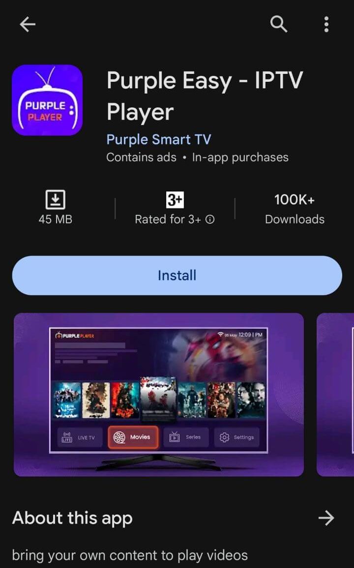 Install the IPTV Smart Purple Player from the Play Store