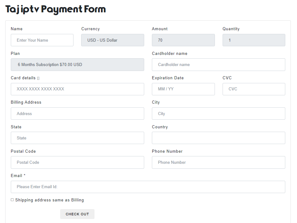 Payment form -Taj IPTV