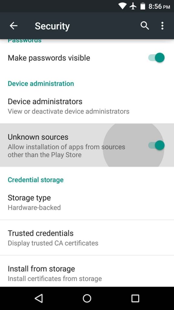 Enable Unknown Sources on android device