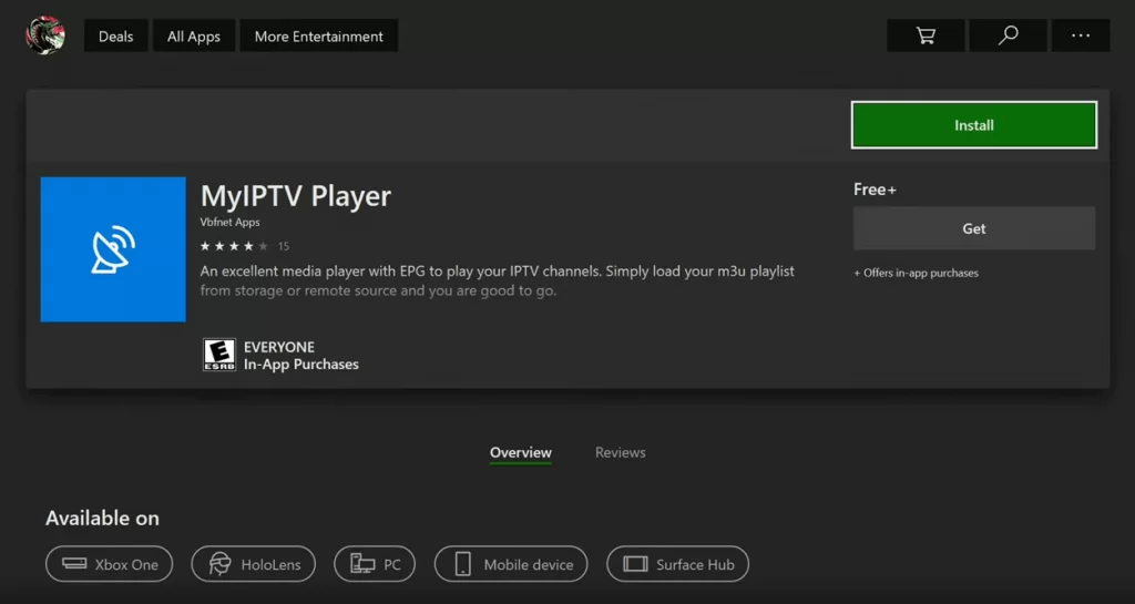 Click Get to install My IPTV Player on Xbox One and Xbox 360