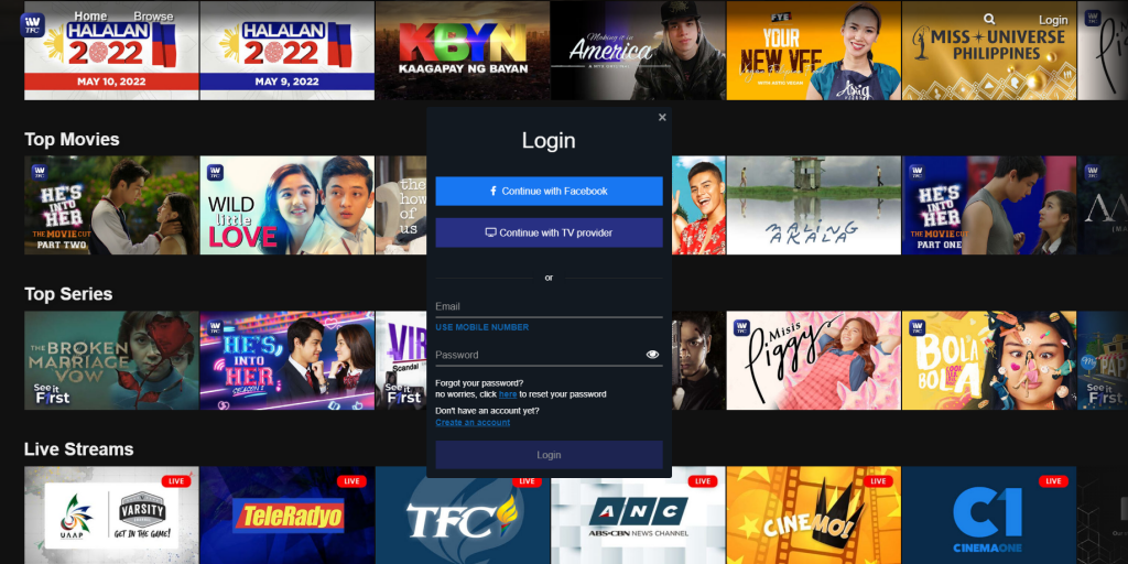 Tap Create an account on TFC WEBSITE