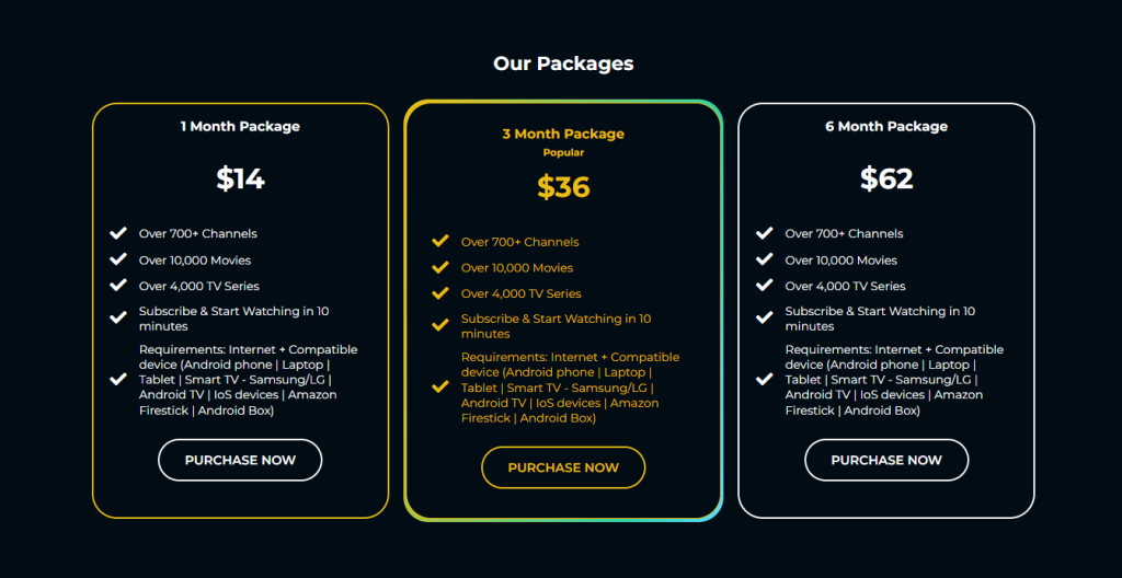 Subscription plan of Ace IPTV
