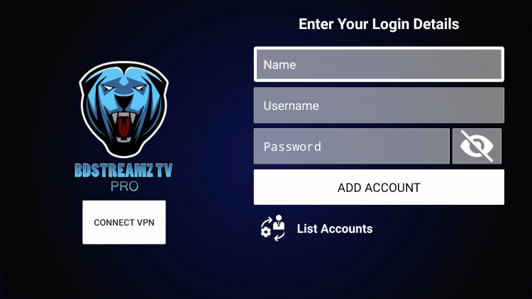 Select Add Account to stream BD Streamz