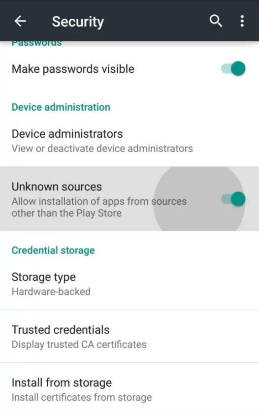 Enable the Unknown Sources option with the toggle