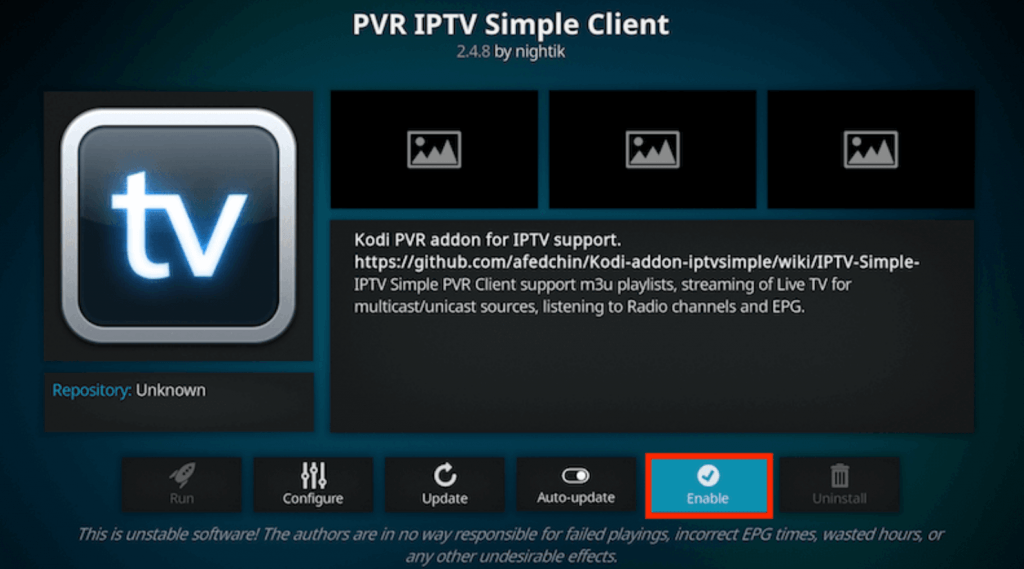 Click Enable to access the IPTV Farm channel playlist
