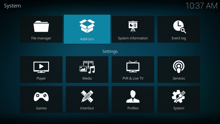 Select the Add-ons icon - Dexter IPTV Addon