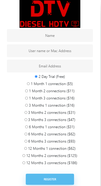 Select Register to get the Diesel HDTV subscription.