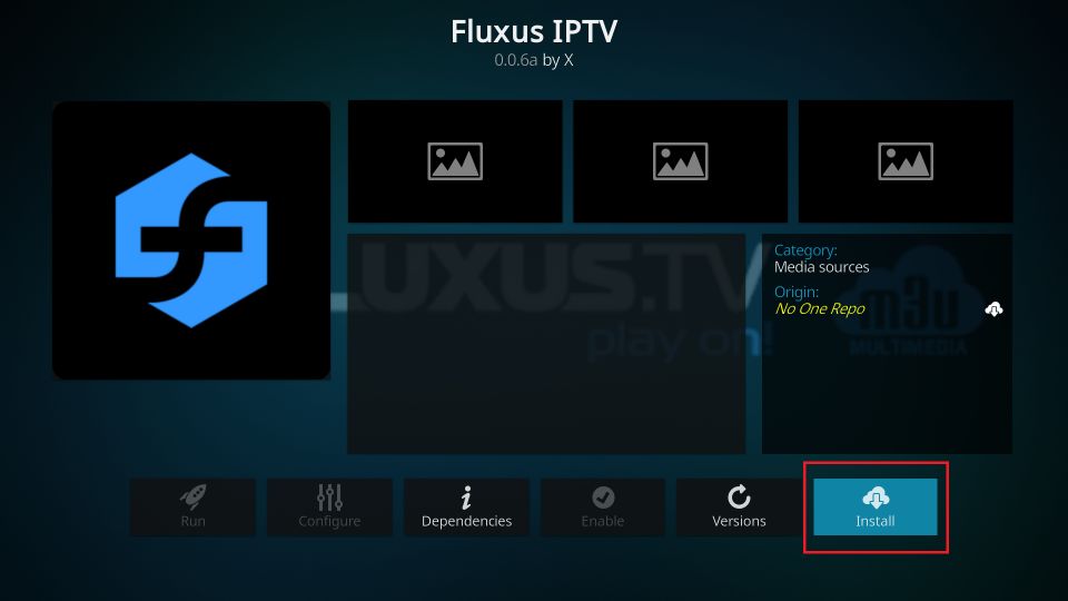 Select Install to get the Fluxus IPTV Addon addon