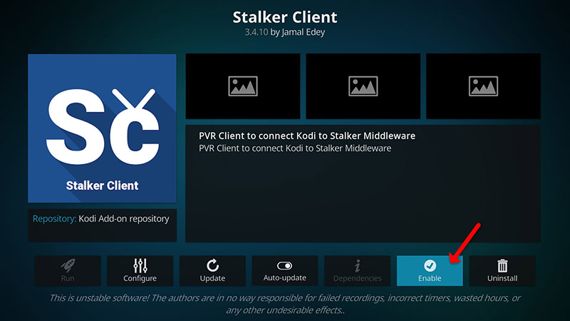 Select Enable to stream IPTV Stalker Addon