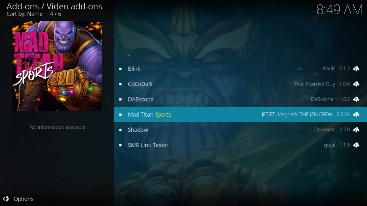 Select the Mad Titan Sports Addon