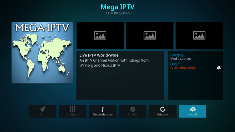 Click the Install button to get Mega IPTV Addon