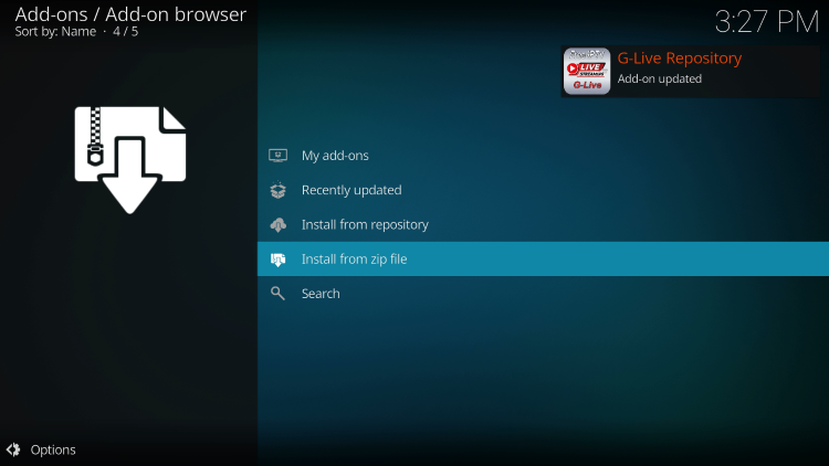 G-Live Repository add-on installed notification