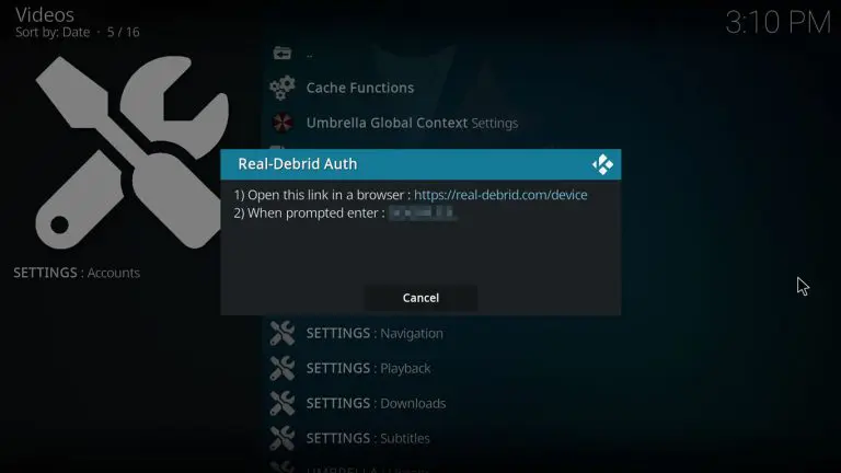 Enter the Umbrella Kodi Addon code