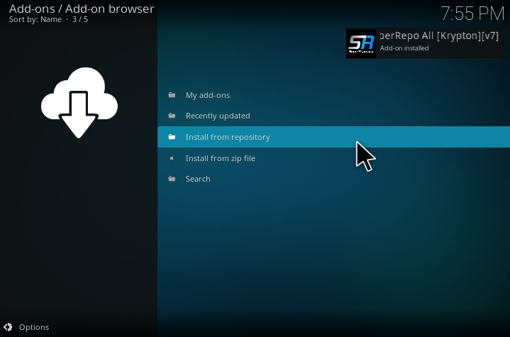 The Super Repo All add-on installed notification