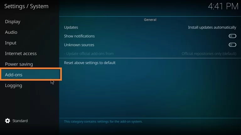 Select the Addons option