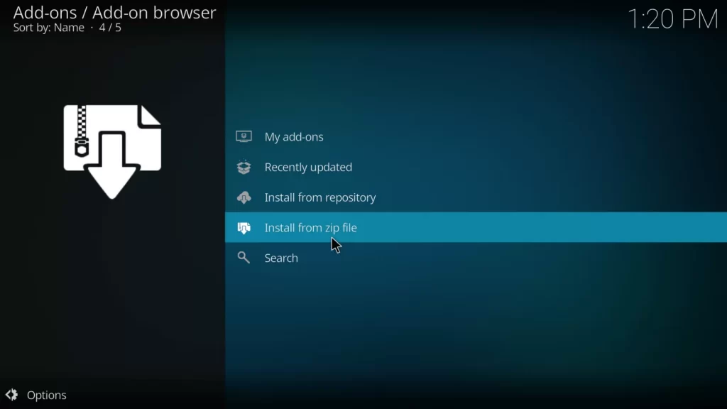 Select Install from zip file to get Freedom IPTV Addon