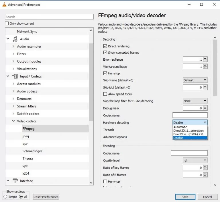 Disable Hardware decoding in VLC