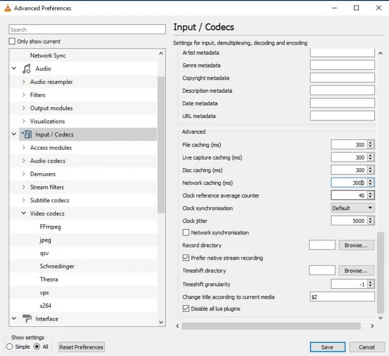 Select Networking Caching to 3000 on VLC
