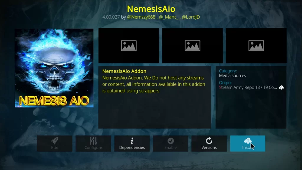 Select the Install button - Nemesis Kodi Addon