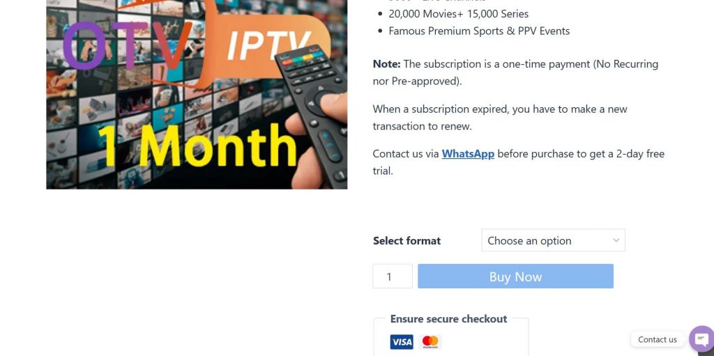 Click Buy Now to get OTV IPTV subscription